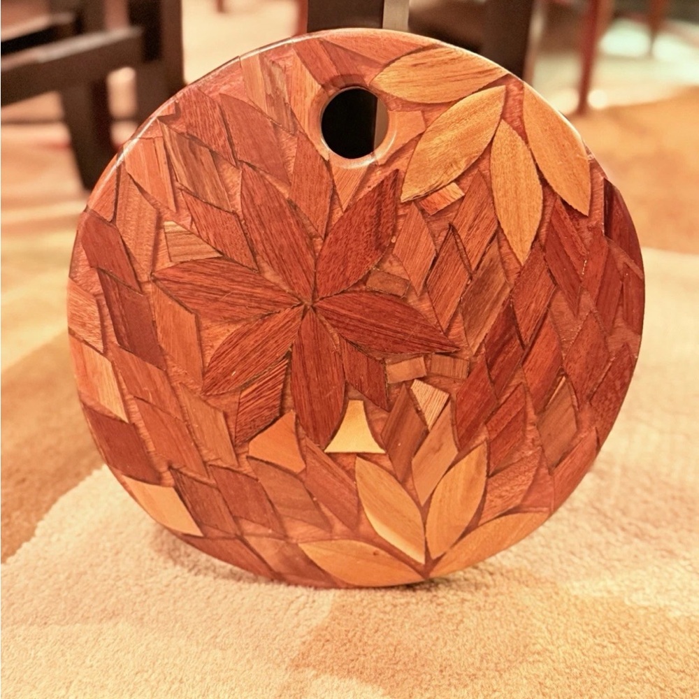 Vintage MCM Boho Wood Inlay Cutting Board or Wall Decor – Leaf Mosaic, 11.5”